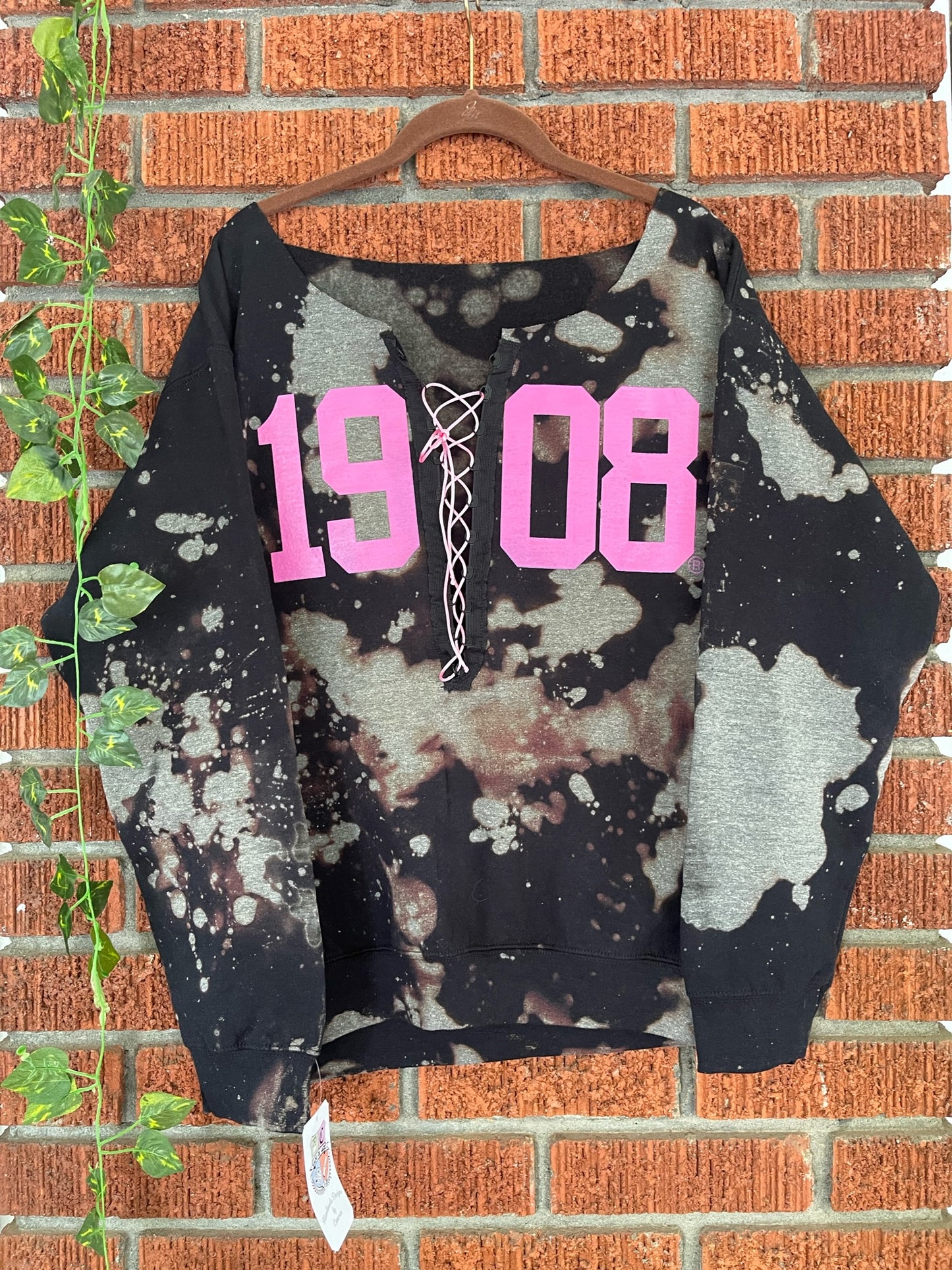 The Handmade 1908 Black Lace Up Sweatshirt - ccldesignsusa - AKA Alpha Kappa Alpha Pink and Green handmade hand bleach tie dye