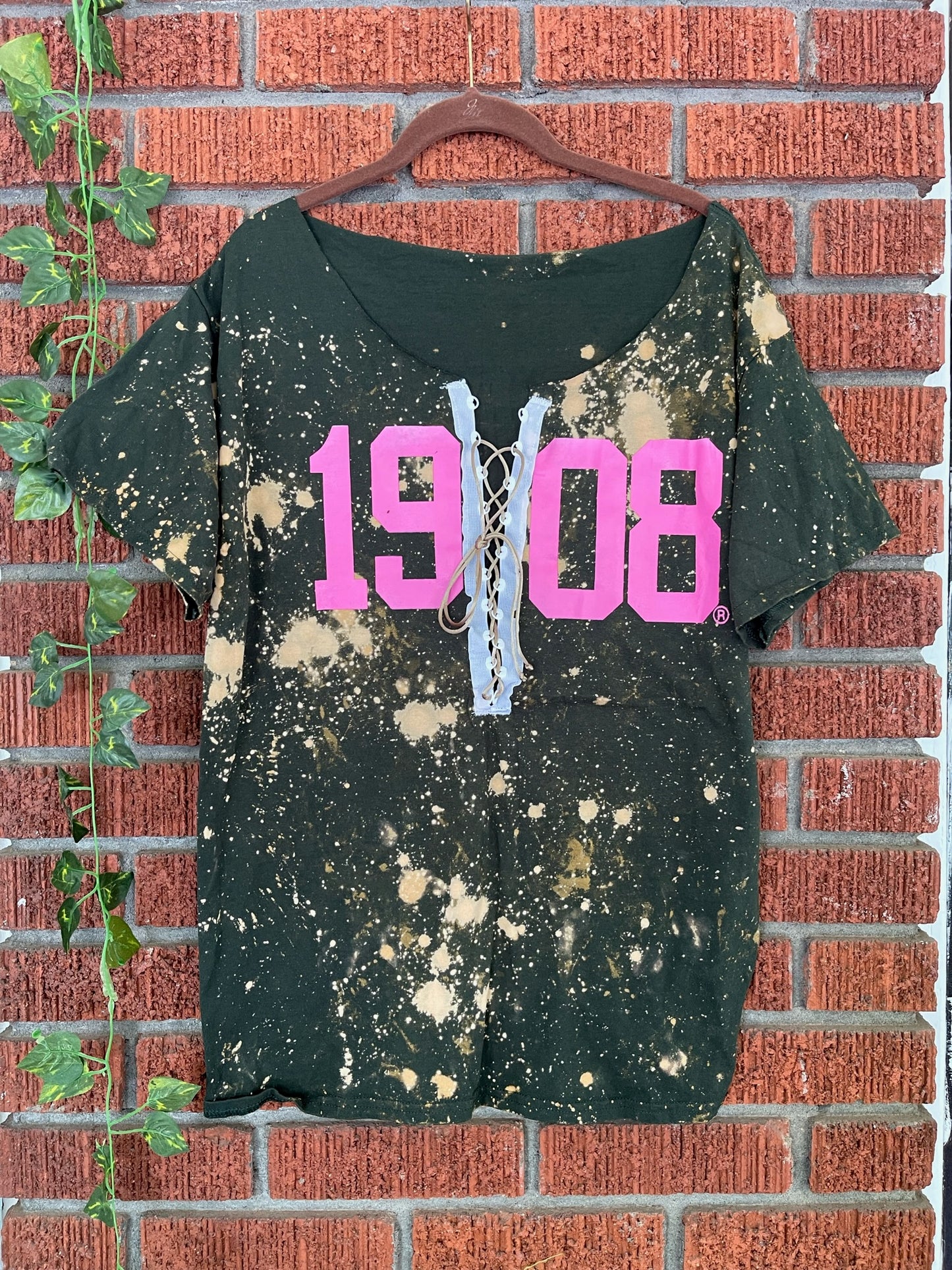 The Handmade 1908 Forest Lace Up T-Shirt - ccldesignsusa - AKA Alpha Kappa Alpha Pink and Green handmade hand bleach tie dye
