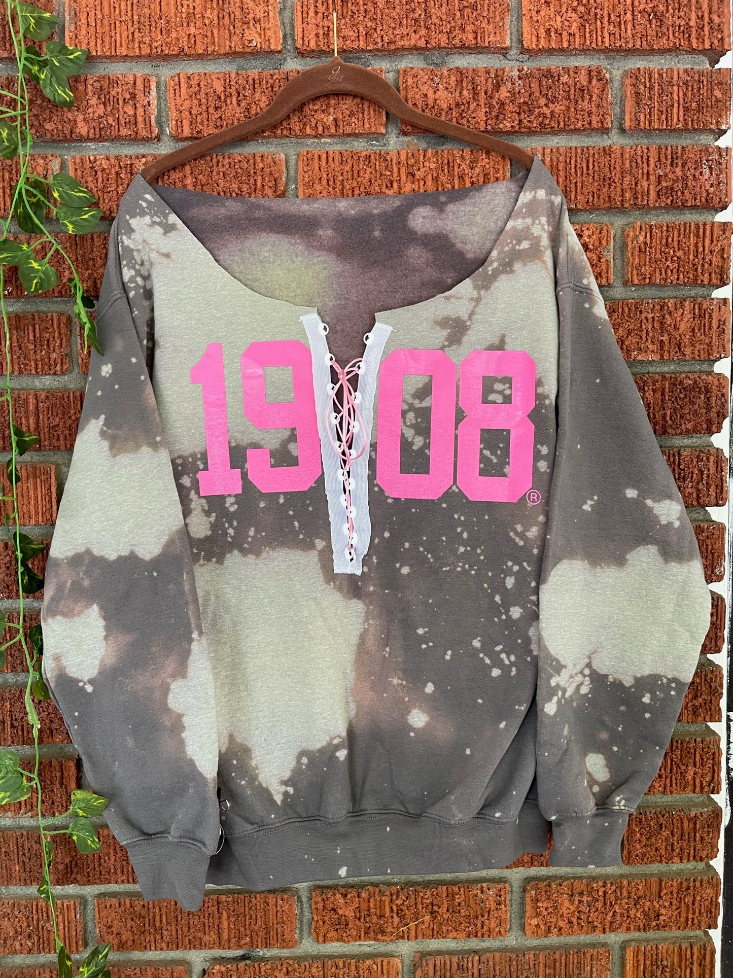 The Handmade 1908 Charcoal Lace Up Sweatshirt - ccldesignsusa - AKA Alpha Kappa Alpha Pink and Green handmade hand bleach tie dye