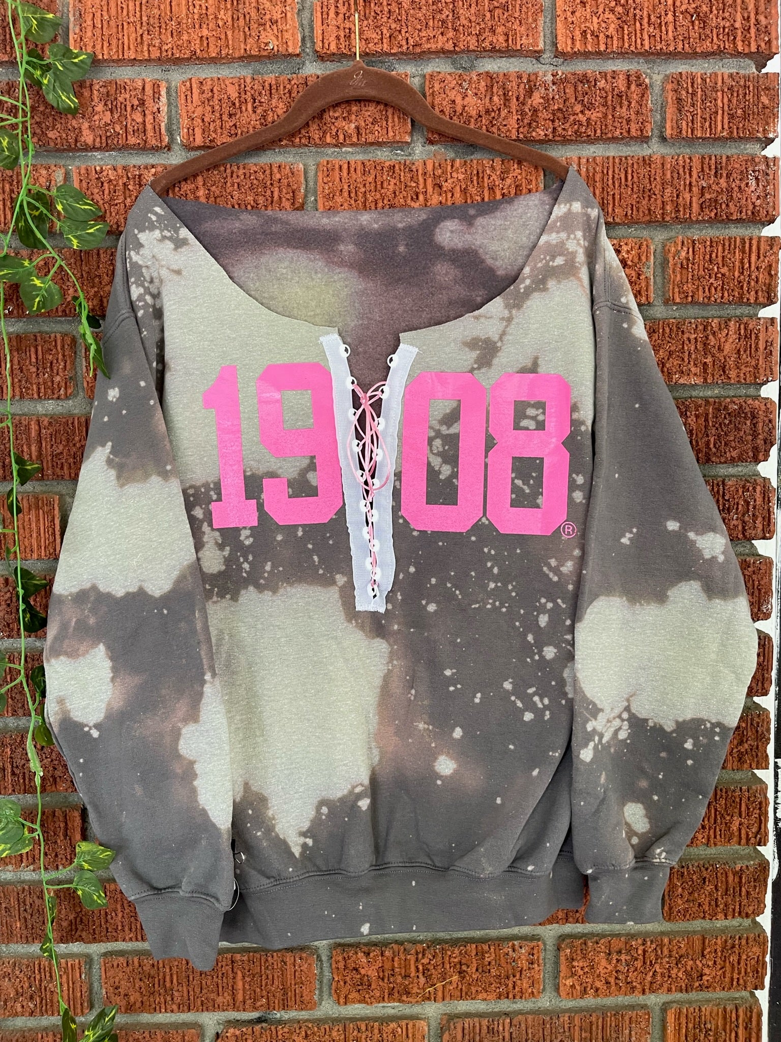 The Handmade 1908 Charcoal Lace Up Sweatshirt - ccldesignsusa - AKA Alpha Kappa Alpha Pink and Green handmade hand bleach tie dye