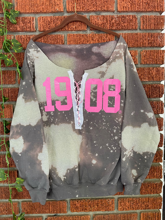 The Handmade 1908 Charcoal Lace Up Sweatshirt - ccldesignsusa - AKA Alpha Kappa Alpha Pink and Green handmade hand bleach tie dye