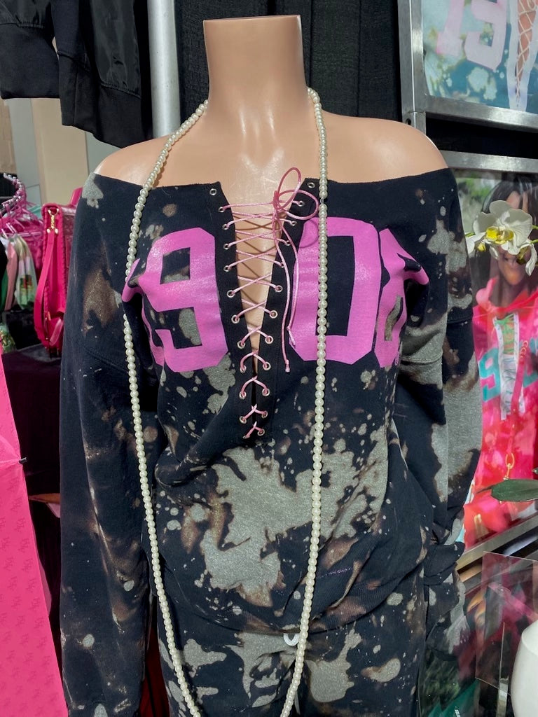 The Handmade 1908 Black Lace Up Sweatshirt - ccldesignsusa - AKA Alpha Kappa Alpha Pink and Green handmade hand bleach tie dye