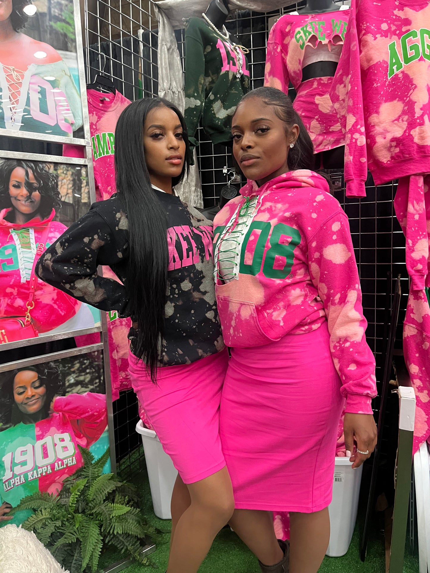 The Signature "Everyday" 1908 Hand Dyed Open Lace-Up Hoodie - ccldesignsusa - AKA Alpha Kappa Alpha Pink and Green handmade hand bleach tie dye