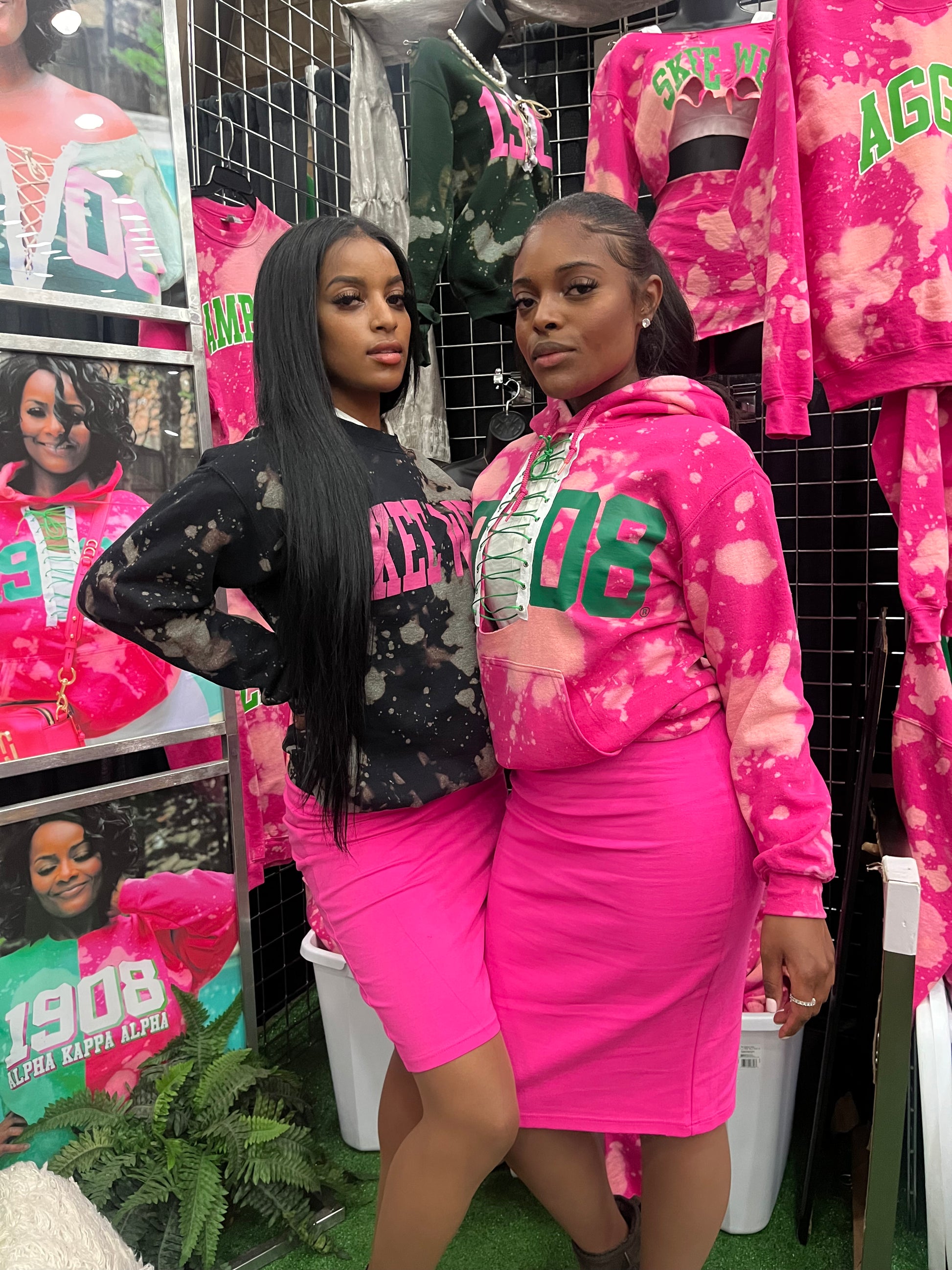 The Signature "Everyday" 1908 Hand Dyed Open Lace-Up Hoodie - ccldesignsusa - AKA Alpha Kappa Alpha Pink and Green handmade hand bleach tie dye