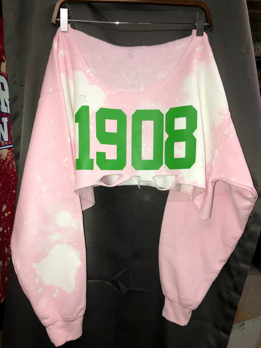 The Handmade 1908 Light Pink Classic Crew - ccldesignsusa - AKA Alpha Kappa Alpha Pink and Green handmade hand bleach tie dye