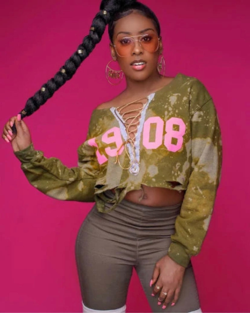 The Signature "Girls Night Out" Forest 1908 Stonewash Off-Shoulder Corset Sweatshirt - ccldesignsusa - AKA Alpha Kappa Alpha Pink and Green handmade hand bleach tie dye