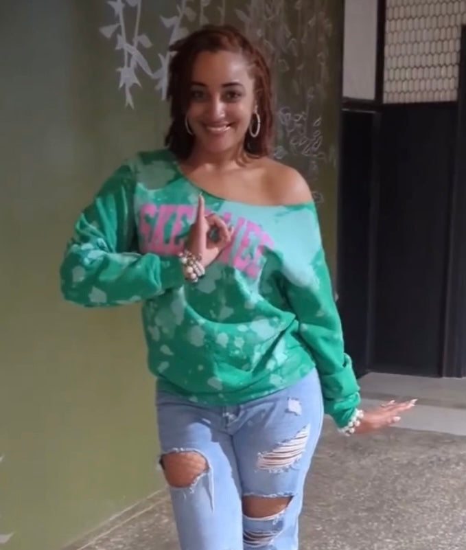 Madeline's Luxury Life "Skee Wee Green" Handmade Sweatshirt - ccldesignsusa - AKA Alpha Kappa Alpha Pink and Green handmade hand bleach tie dye