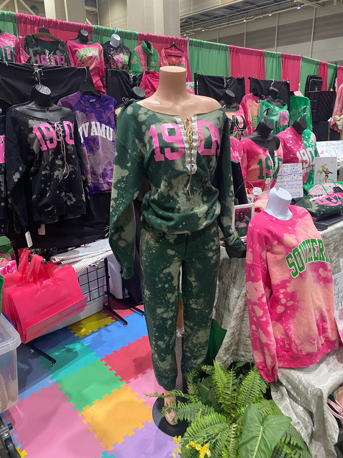 The Signature "Girls Night Out" Forest 1908 Stonewash Off-Shoulder Corset Sweatshirt - ccldesignsusa - AKA Alpha Kappa Alpha Pink and Green handmade hand bleach tie dye