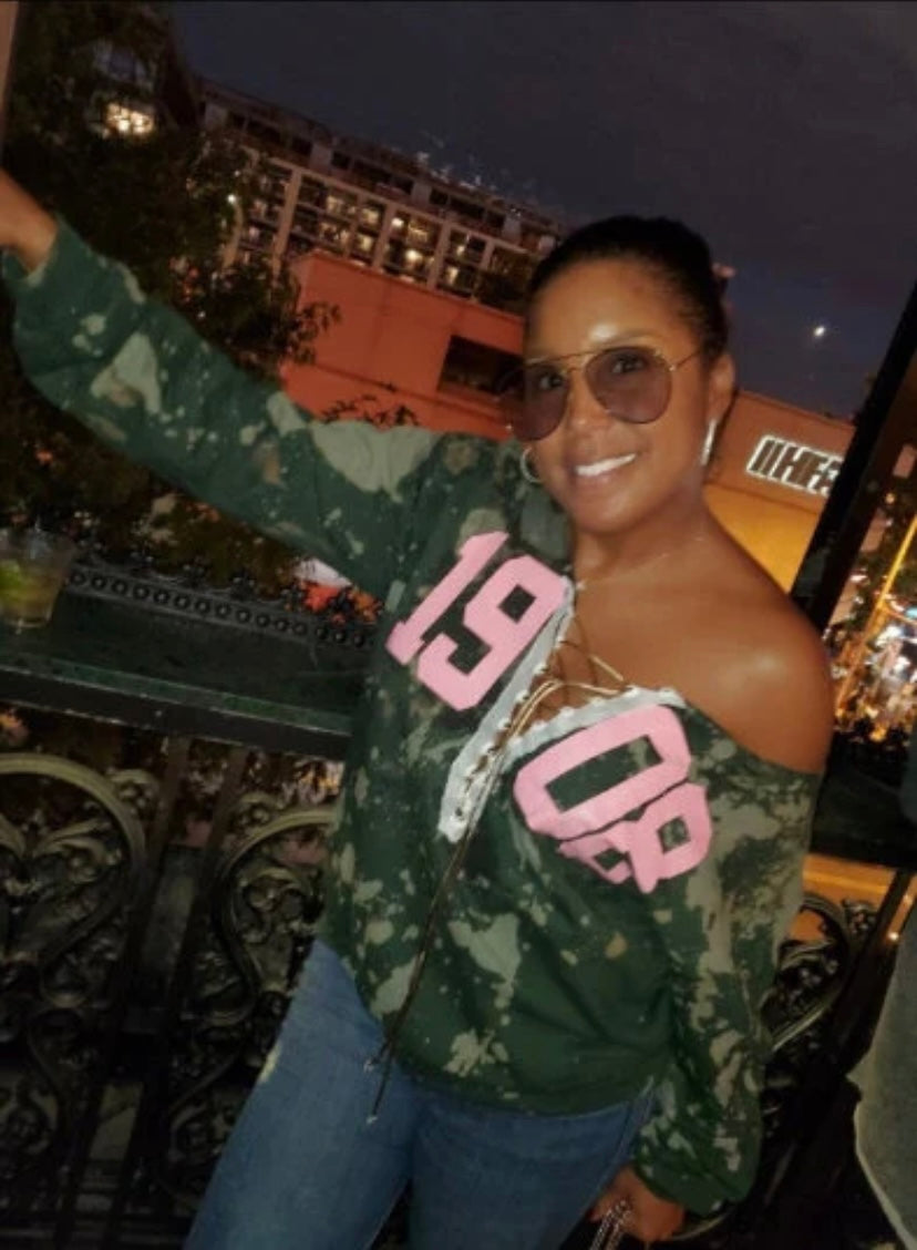 The Signature "Girls Night Out" Forest 1908 Stonewash Off-Shoulder Corset Sweatshirt - ccldesignsusa - AKA Alpha Kappa Alpha Pink and Green handmade hand bleach tie dye