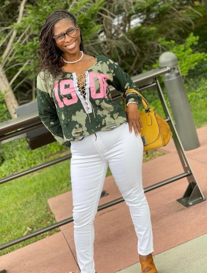 The Signature "Girls Night Out" Forest 1908 Stonewash Off-Shoulder Corset Sweatshirt - ccldesignsusa - AKA Alpha Kappa Alpha Pink and Green handmade hand bleach tie dye
