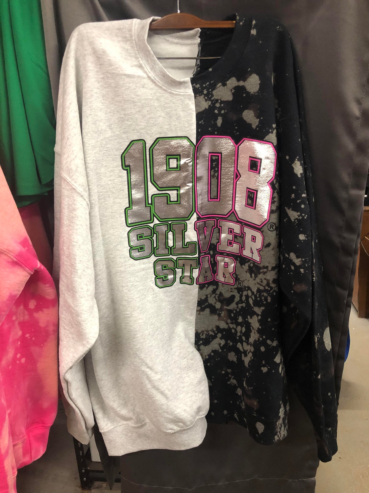 The 1908 Silver Star Hand-Bleached Half and Half Crew Neck Sweatshirt - ccldesignsusa - AKA Alpha Kappa Alpha Pink and Green handmade hand bleach tie dye
