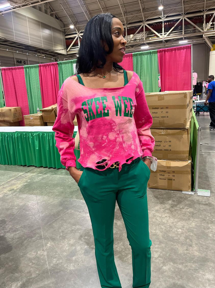 "The Signature Stroll" SkeeWee Pink Hand Dyed Sweatshirt - ccldesignsusa - AKA Alpha Kappa Alpha Pink and Green handmade hand bleach tie dye