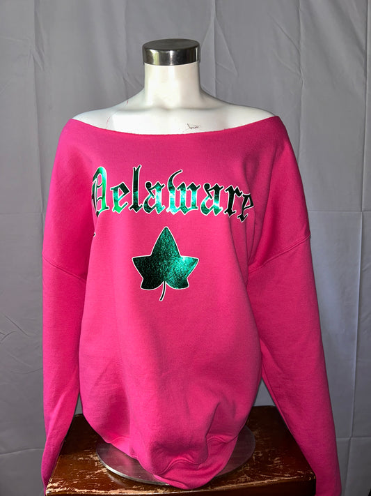 Jennaydra’s 2024 University of Delaware Ivy Pink & Green Foil Customizable Sweatshirt by Cami Co. Lace ($60-$87.50)