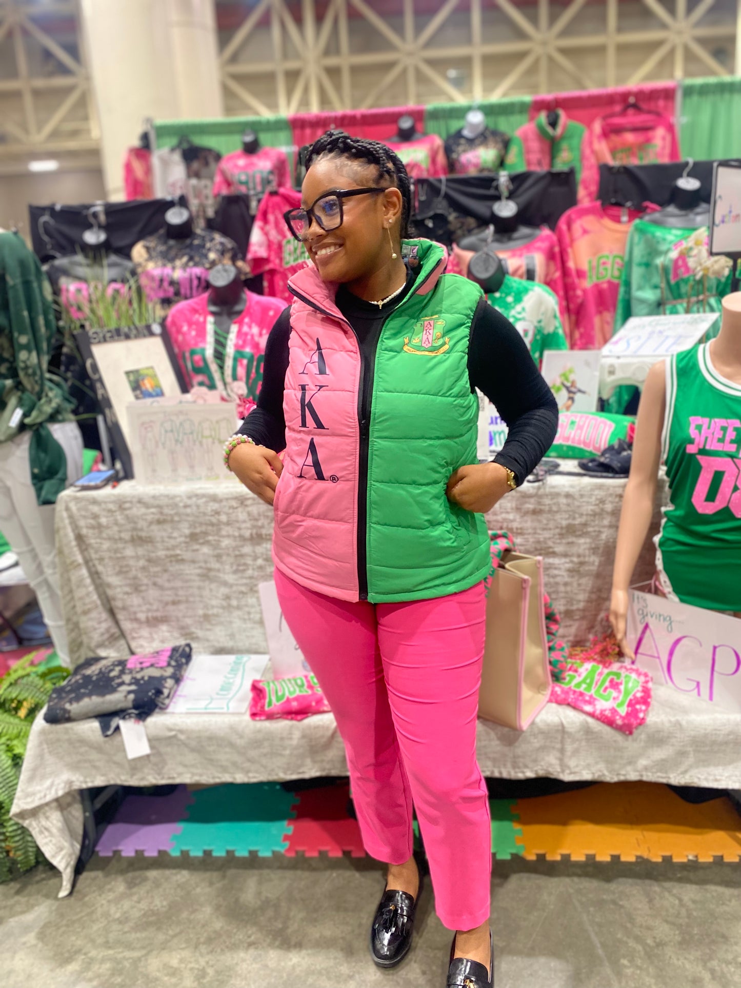 "Pretty On My Right, Gorgeous on my Left" Fun Signature Color-Block AKA Puffer Vest - ccldesignsusa - AKA Alpha Kappa Alpha Pink and Green