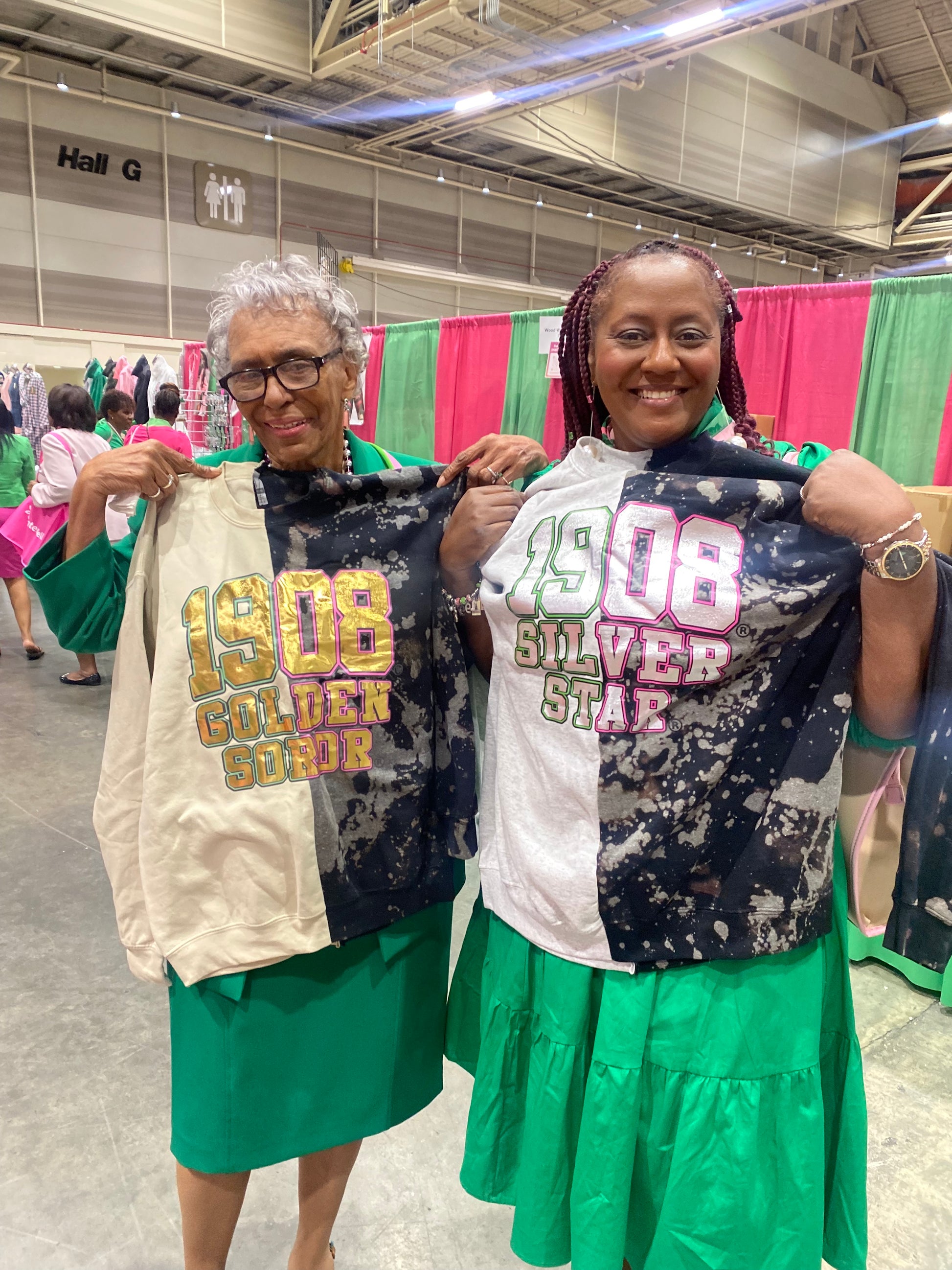 Klass in Session "Golden Soror" Metallic Half-n-Half Sweatshirt - ccldesignsusa - AKA Alpha Kappa Alpha Pink and Green handmade hand bleach tie dye