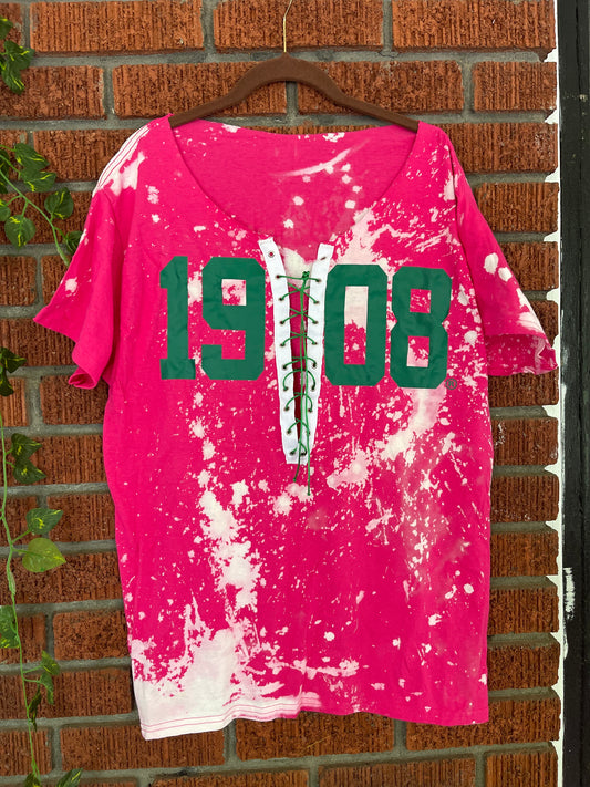 The Handmade 1908 Pink Lace Up T-Shirt - ccldesignsusa - AKA Alpha Kappa Alpha Pink and Green handmade hand bleach tie dye