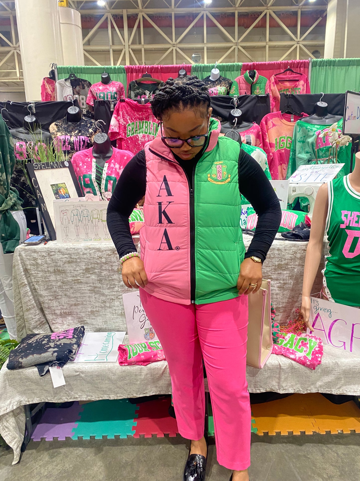 "Pretty On My Right, Gorgeous on my Left" Fun Signature Color-Block AKA Puffer Vest - ccldesignsusa - AKA Alpha Kappa Alpha Pink and Green