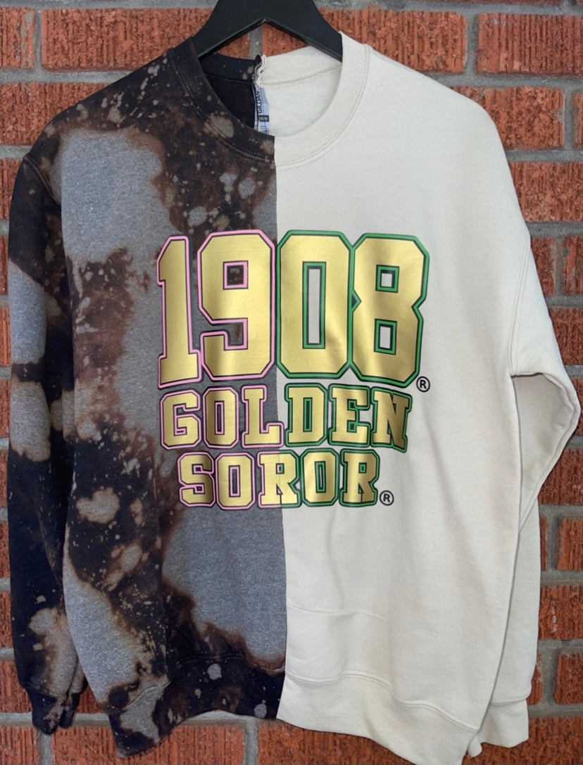 The 1908 Golden Soror Hand-Bleached Half and Half Crew Neck Sweatshirt - [CCL Designs] - AKA Alpha Kappa Alpha Pink and Green handmade hand bleach tie dye