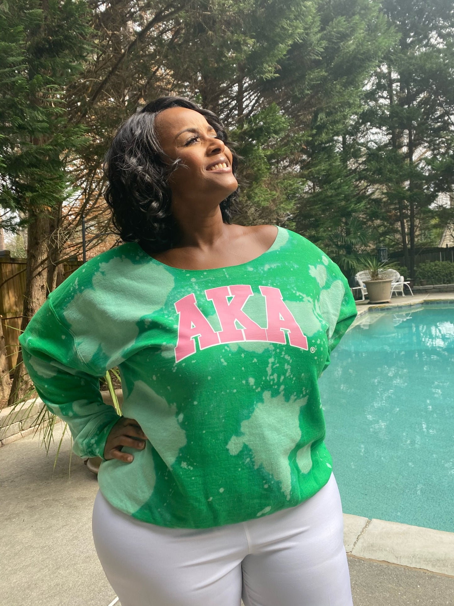 The AKA Off Shoulder Sweatshirt - [CCL Designs] - AKA Alpha Kappa Alpha Pink and Green handmade hand bleach tie dye