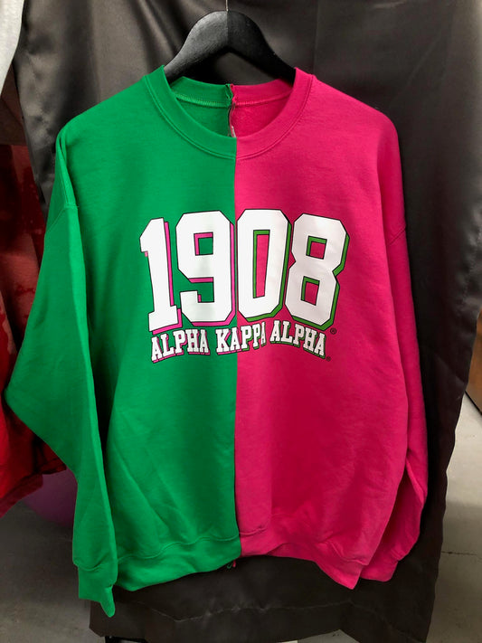 The 1908 AKA Handmade Solid Half and Half Crew Neck Sweatshirt - [CCL Designs] - AKA Alpha Kappa Alpha Pink and Green handmade