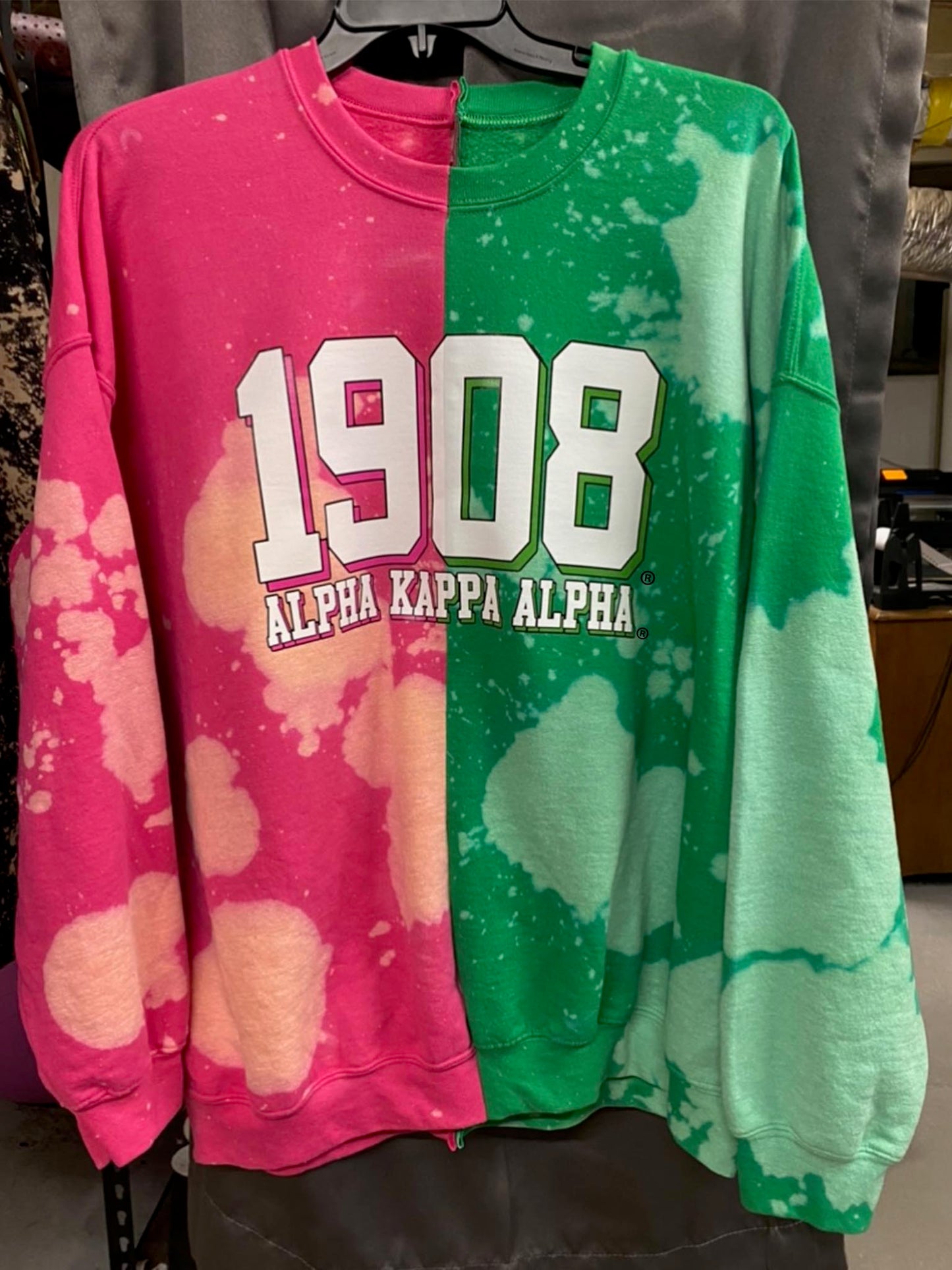 The 1908 AKA Hand-Bleached Half and Half Crew Neck Sweatshirt - ccldesignsusa - AKA Alpha Kappa Alpha Pink and Green handmade hand bleach tie dye