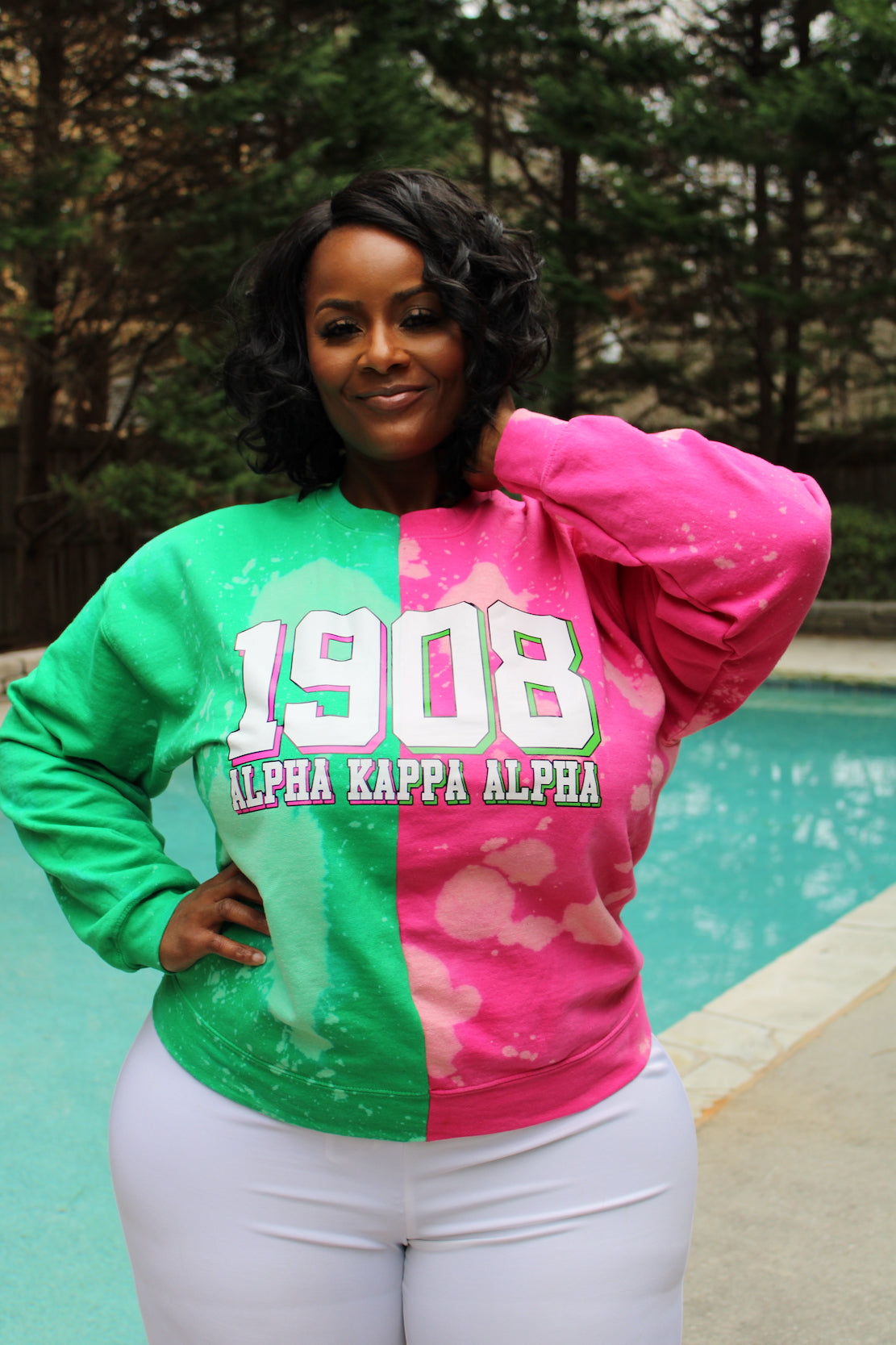 The 1908 AKA Hand-Bleached Half and Half Crew Neck Sweatshirt - ccldesignsusa - AKA Alpha Kappa Alpha Pink and Green handmade hand bleach tie dye