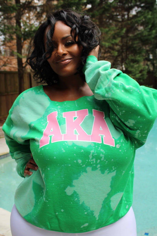 The AKA Off Shoulder Sweatshirt - [CCL Designs] - AKA Alpha Kappa Alpha Pink and Green handmade hand bleach tie dye