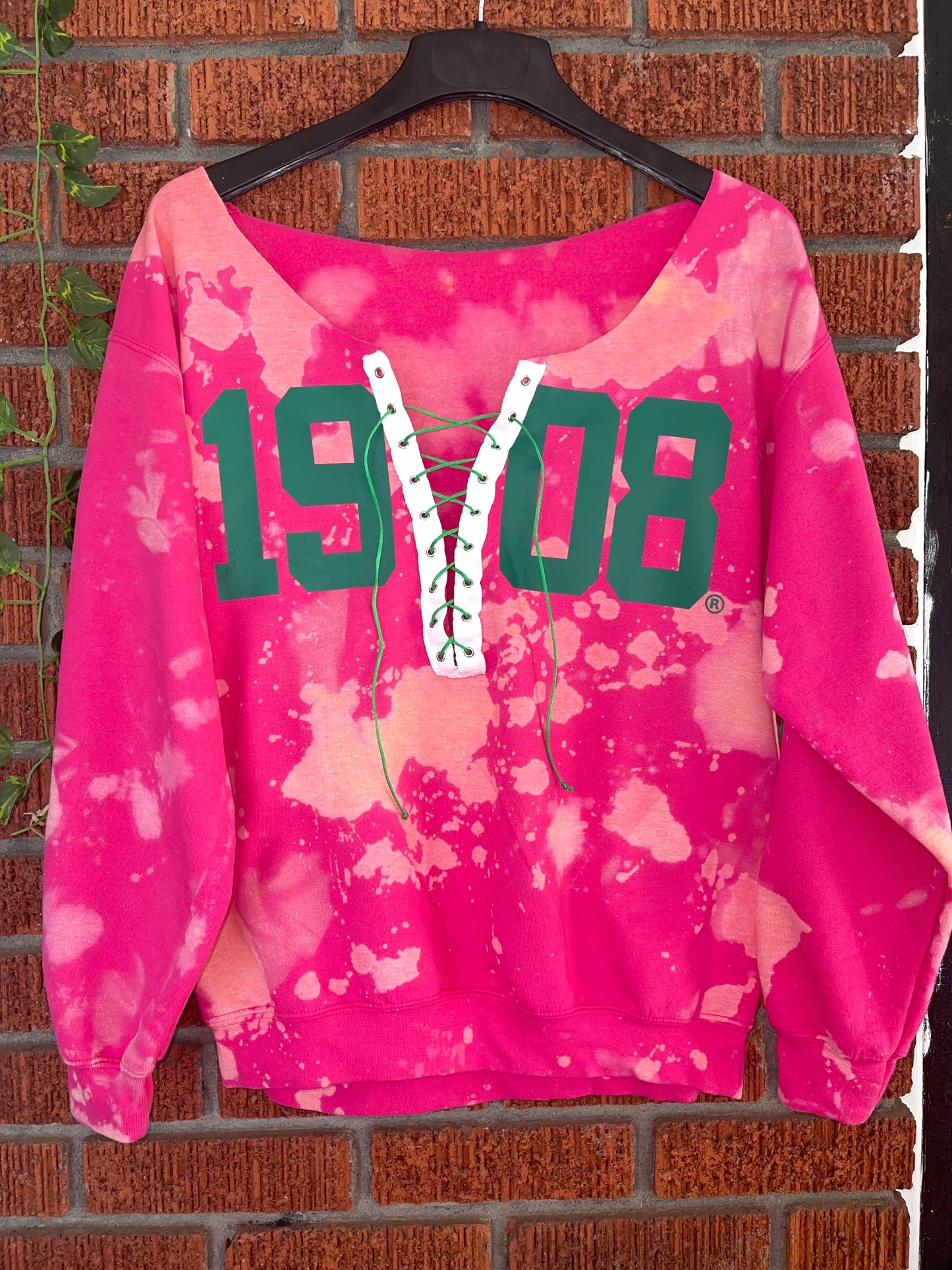 The Handmade 1908 Pink Lace Up Sweatshirt - ccldesignsusa - AKA Alpha Kappa Alpha Pink and Green handmade hand bleach tie dye