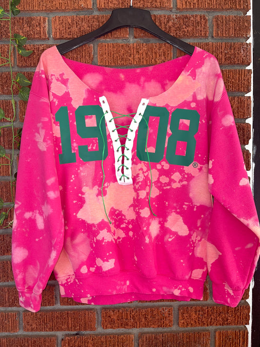 The Handmade 1908 Pink Lace Up Sweatshirt - ccldesignsusa - AKA Alpha Kappa Alpha Pink and Green handmade hand bleach tie dye