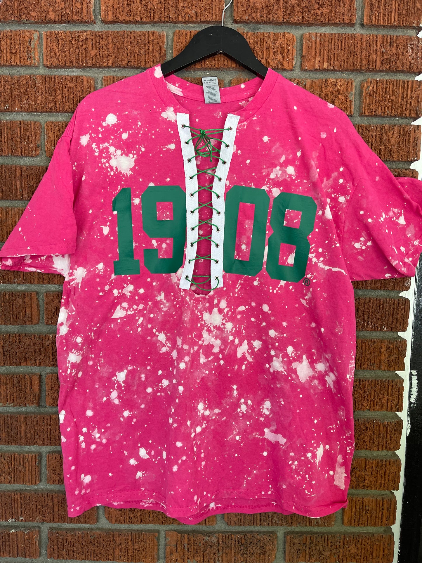 The Handmade 1908 Lace Up T-Shirt - [CCL Designs] - AKA Alpha Kappa Alpha Pink and Green handmade hand bleach tie dye 1908 tee shirt t-shirt