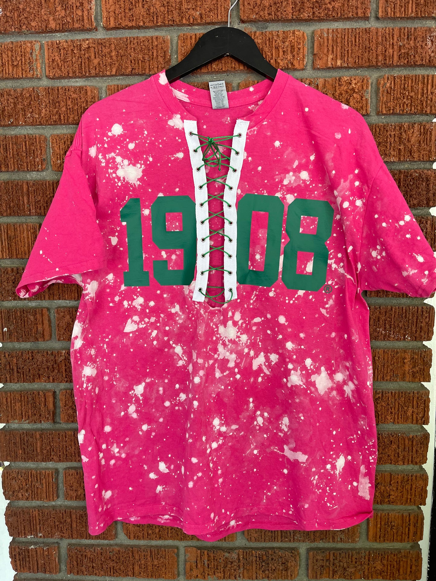 The Handmade 1908 Lace Up T-Shirt - [CCL Designs] - AKA Alpha Kappa Alpha Pink and Green handmade hand bleach tie dye
