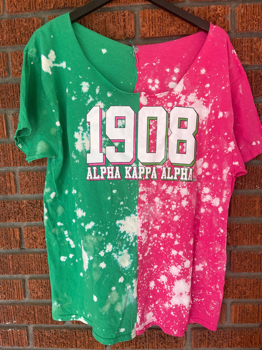 The 1908 AKA Hand-Bleached Half and Half Crew Neck T-shirt - [CCL Designs] - AKA Alpha Kappa Alpha Pink and Green handmade hand bleach tie dye