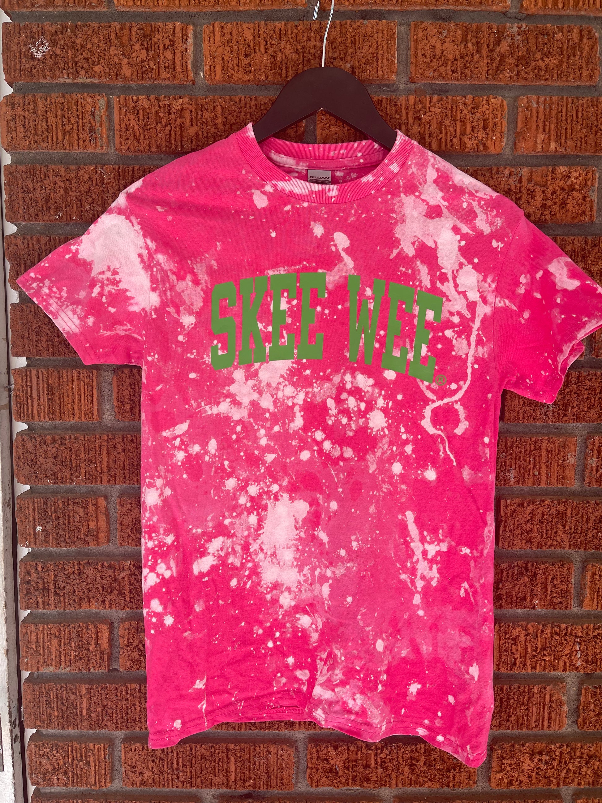 The Pink Skee Wee Crew Neck T-shirt - [CCL Designs] - AKA Alpha Kappa Alpha Pink and Green handmade hand bleach tie dye