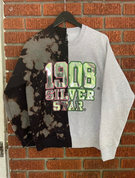 The 1908 Silver Star Hand-Bleached Half and Half Crew Neck Sweatshirt - ccldesignsusa - AKA Alpha Kappa Alpha Pink and Green handmade hand bleach tie dye