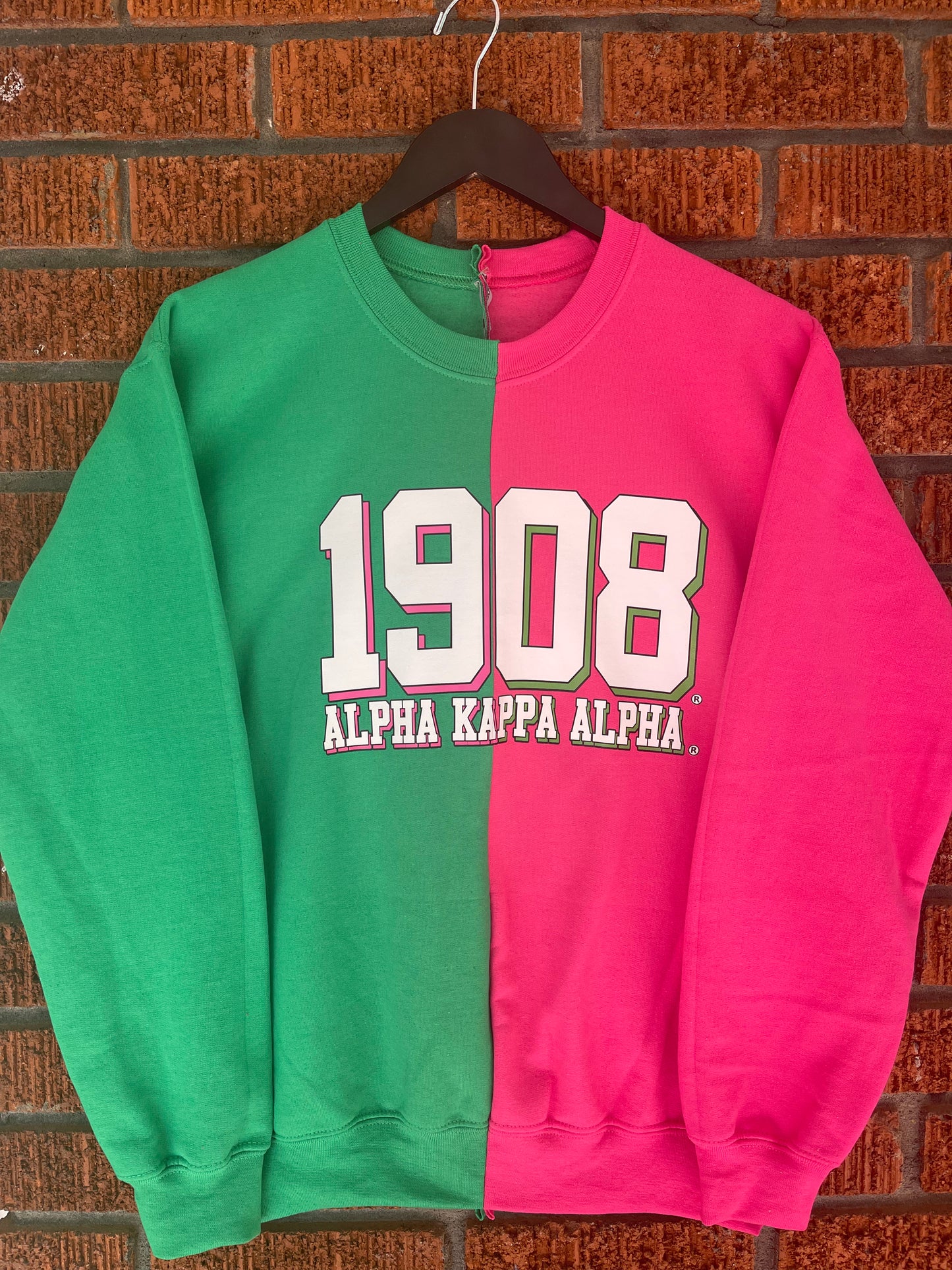 The 1908 AKA Handmade Solid Half and Half Crew Neck Sweatshirt - [CCL Designs] - AKA Alpha Kappa Alpha Pink and Green handmade